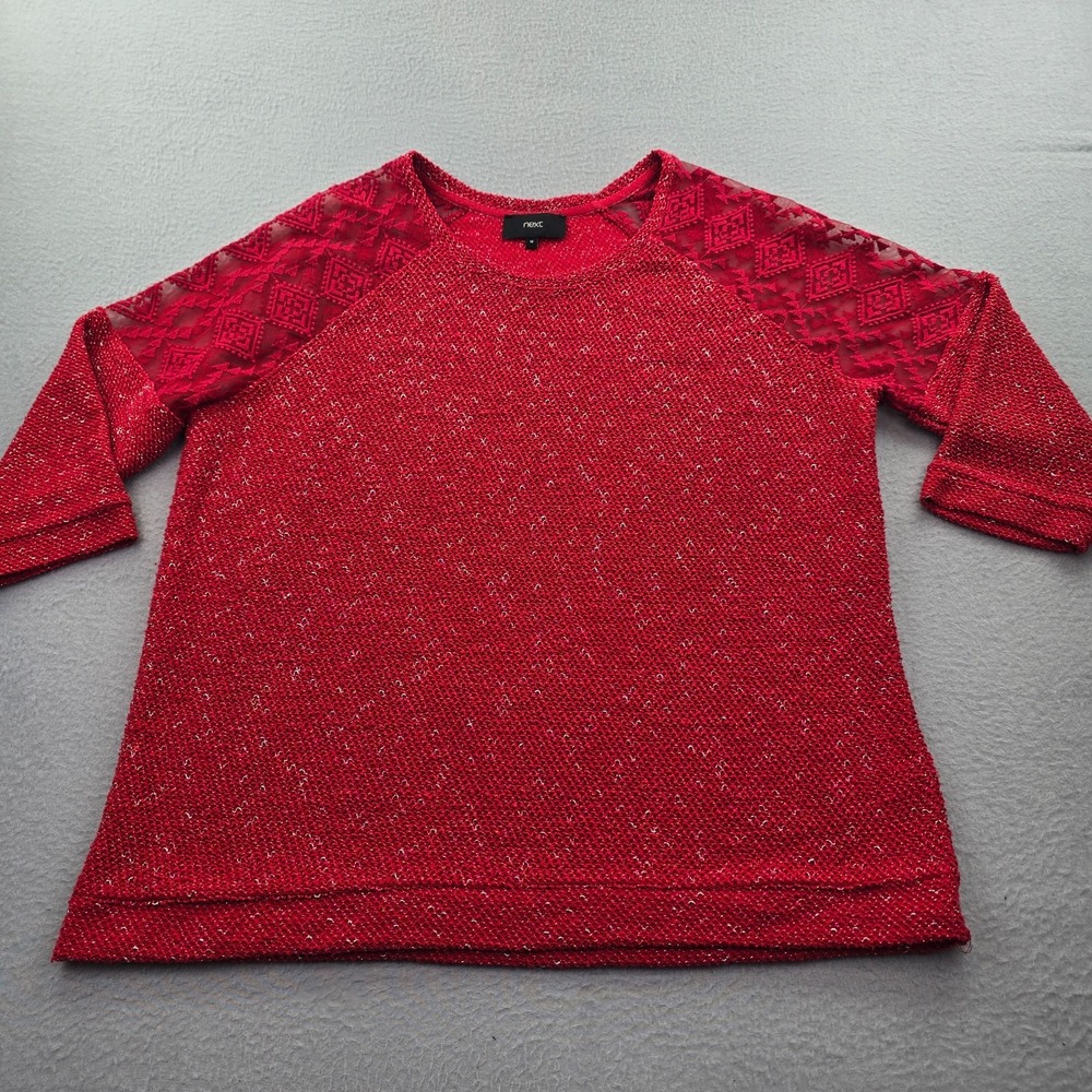Next Sweater Womens UK 16 Red Round Neck Textured Knit Metallic Lace Sleeve